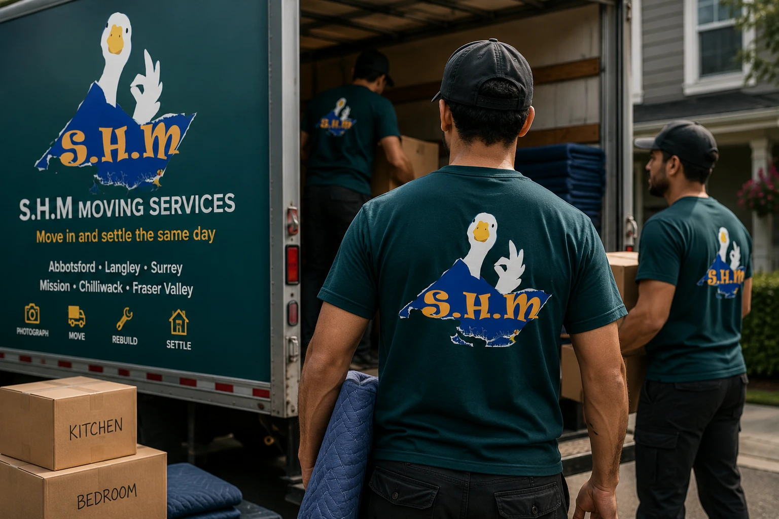 The S.H.M crew loading a branded truck outside a home