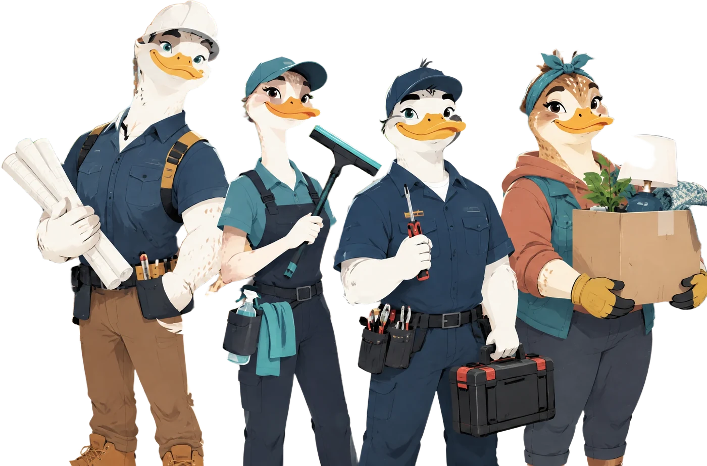 The S.H.M goose crew with a broom, a squeegee, a toolbox and a hand truck