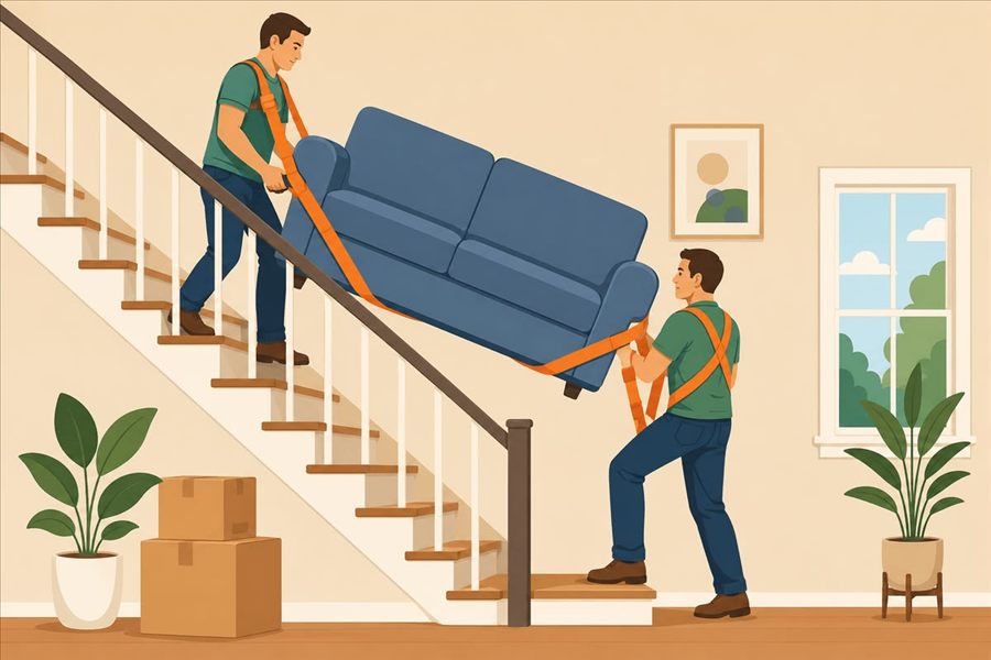 Two movers carrying a sofa up stairs with lifting straps